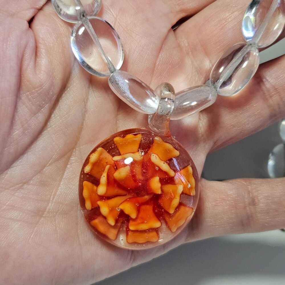 Orange glass flower pendant necklace 15.5-18"
